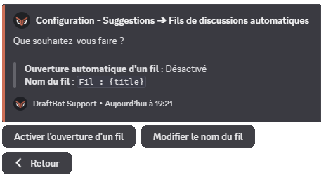 Menu "Fils de discussion automatiques", via la commande /config
