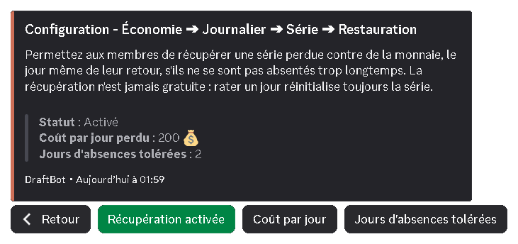 Configuration de la restauration de la série