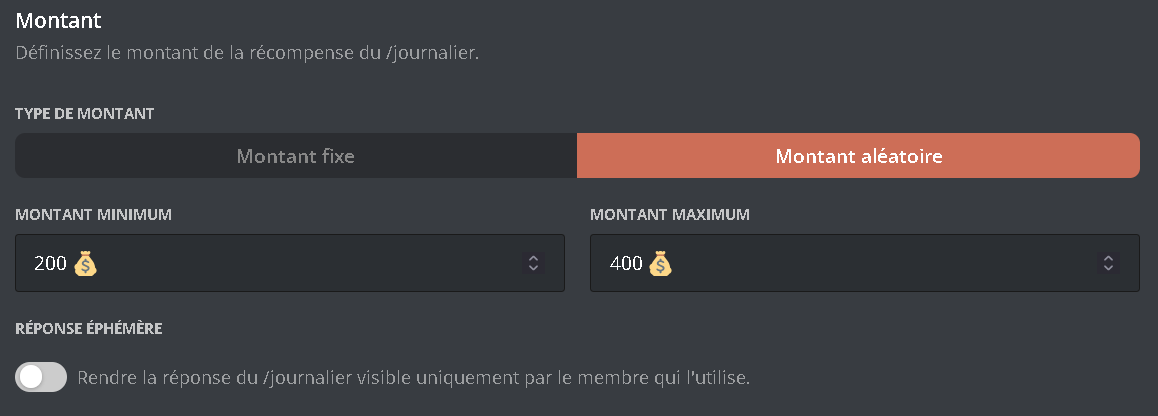 Configuration du montant aléatoire