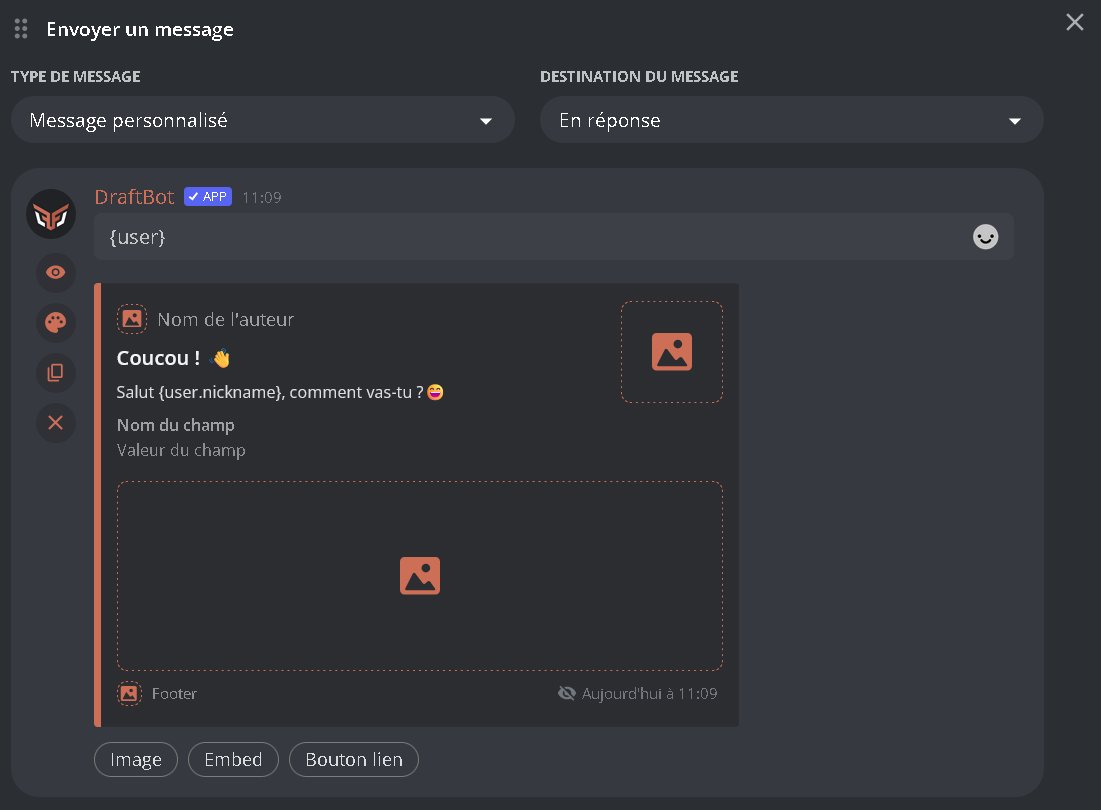Exemple d'action Envoyer un Message, avec Embed et variables